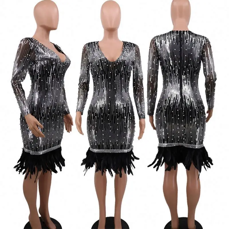High Quality Beading Cocktail Dresses Long Sleeve Sexy Night Club Dress Embroidered Excellent Knee-length Bodycon 0.45kg Adults