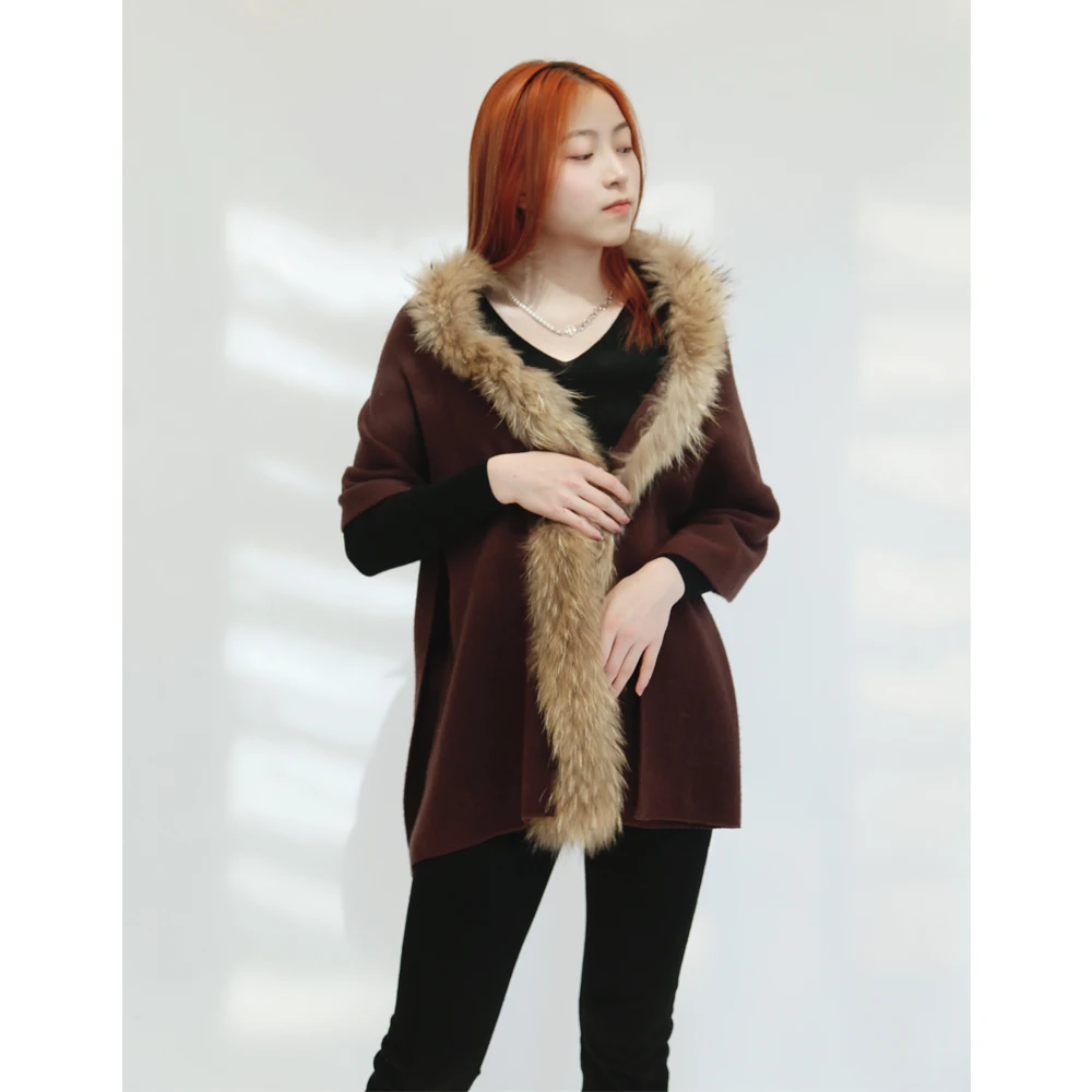 Wholesale Wool Cape Pashmina Wool Blended Scarf Shawl with Rabbit Fur
