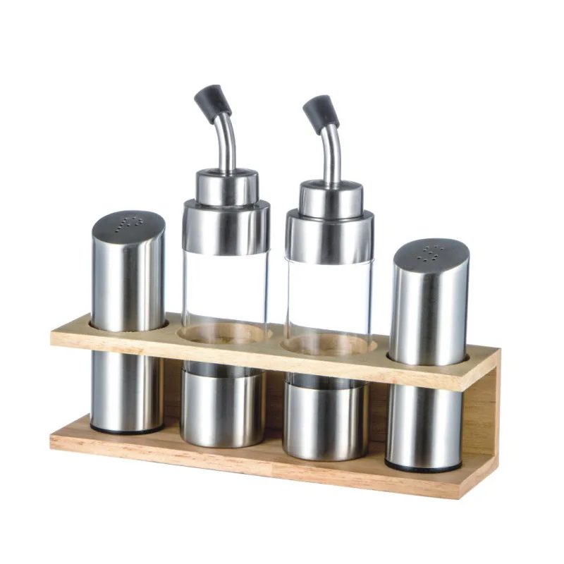 Kitchen season Glass Oil and Vinegar Dispenser with wooden stand set 2 PCS Oil and Vinegar Cruets and 1 Storage Stand