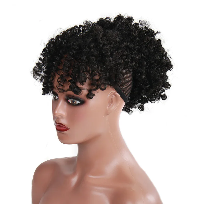 Ponytail And Bangs African Wave Curls Wigs for Black Women Kinky Curly Afro Short Synthetic