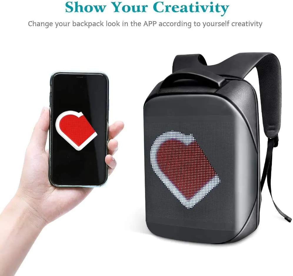 Smart LED Backpack Fashion Black Laptop Backpack with Digital Pixel LED Screen with APP Unisex