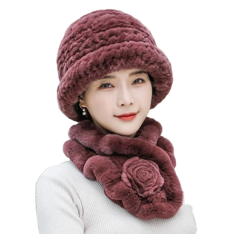 MWFur Real Rex Rabbit Fur Hat and Scarf for Women Winter Fashion Rosette