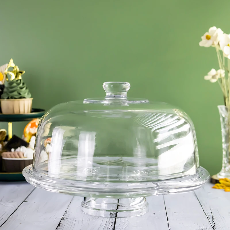 Wholesale Customize Glass Dome Cake Plate with Cover Wooden Glass Cake Stand with Glass Dome
