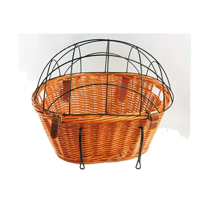 Factory Direct Hand Weaving Removable Wicker Bicycle Basket With Leather Strips