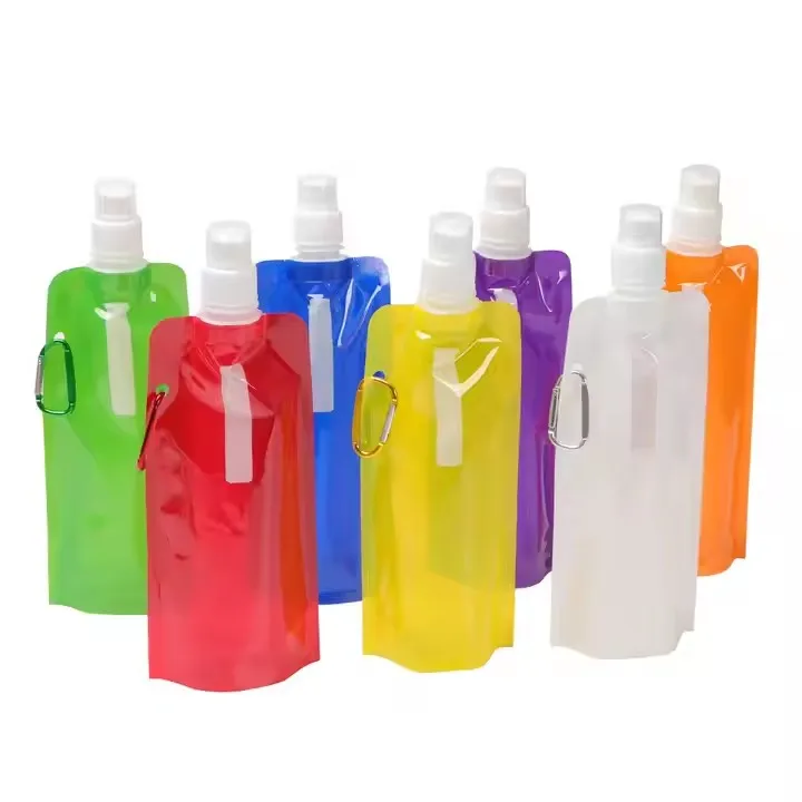 Hot Sell Bpa Free 16oz Collapsible Water Bottles Reusable Foldable Drinking Water Bags With Clip For Sports Biking Hiking Travel