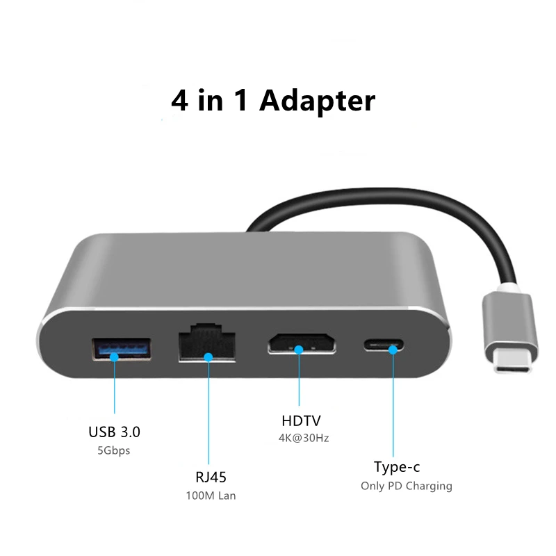 USB 3.1 Type C 100Mbps Lan Ethernet USB3.0 HDMI-Compatible USBC PD Charging 4 in 1 Extender Adapter Hub for Macbook Air Pro