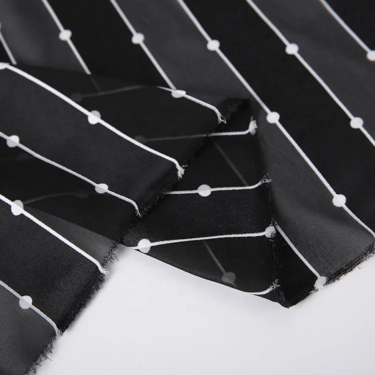 Latest shiny printed silk chiffon fabric with striped dots design for dresses shirts in stock wholesale