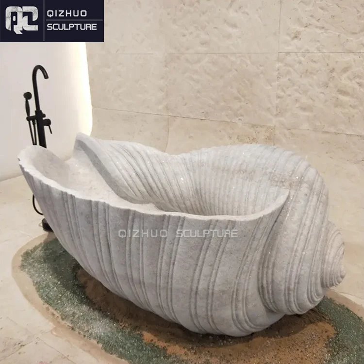 Factory Price Indoor Home Hand Carved Marble Luxury White Natural Stone Free Standing Shell Conch Shape Bathtubs For Sale