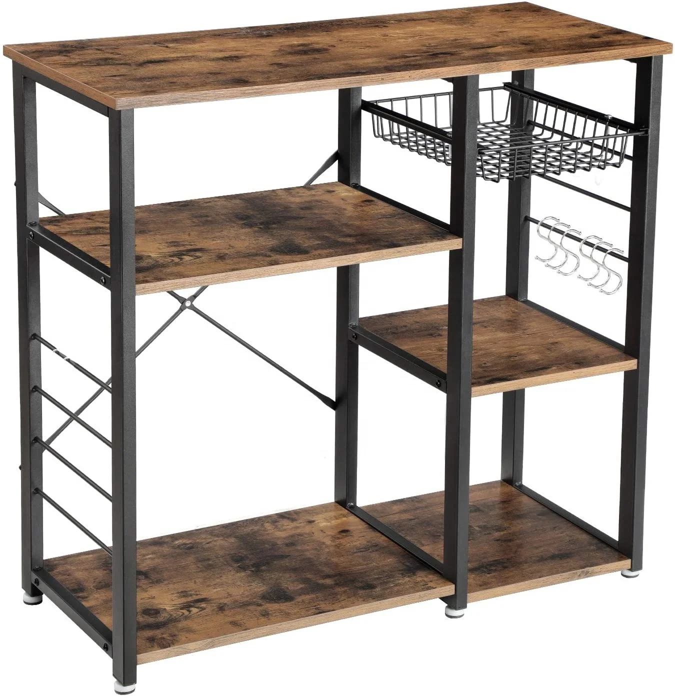 Kitchen Rack, Coffee Bar with Wire Basket 6 Hooks Microwave Oven Stand Metal Frame Wood Look, 35.4 Inch