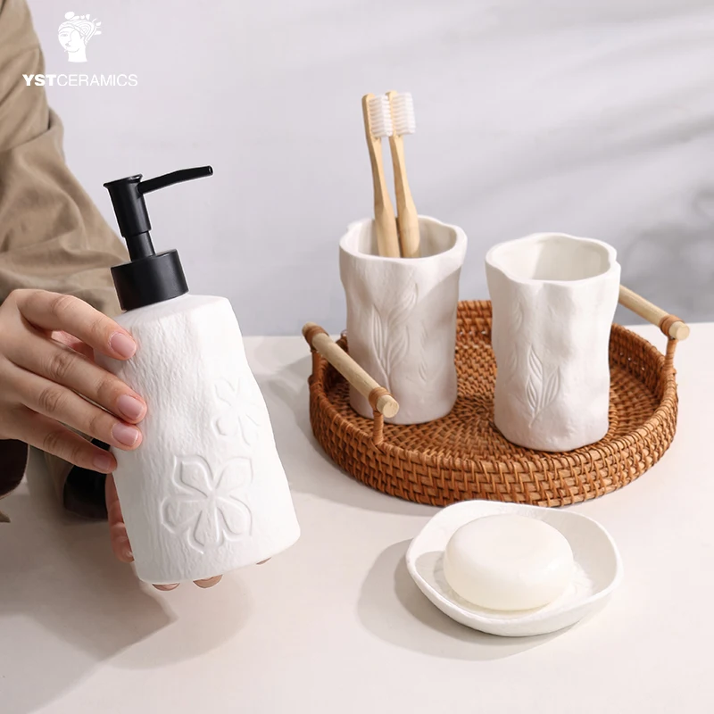 YST Ceramics Factory Eco-Friendly Washroom Kitchen House Decor Modern Porcelain Soap Dispenser Holder Bathroom Set