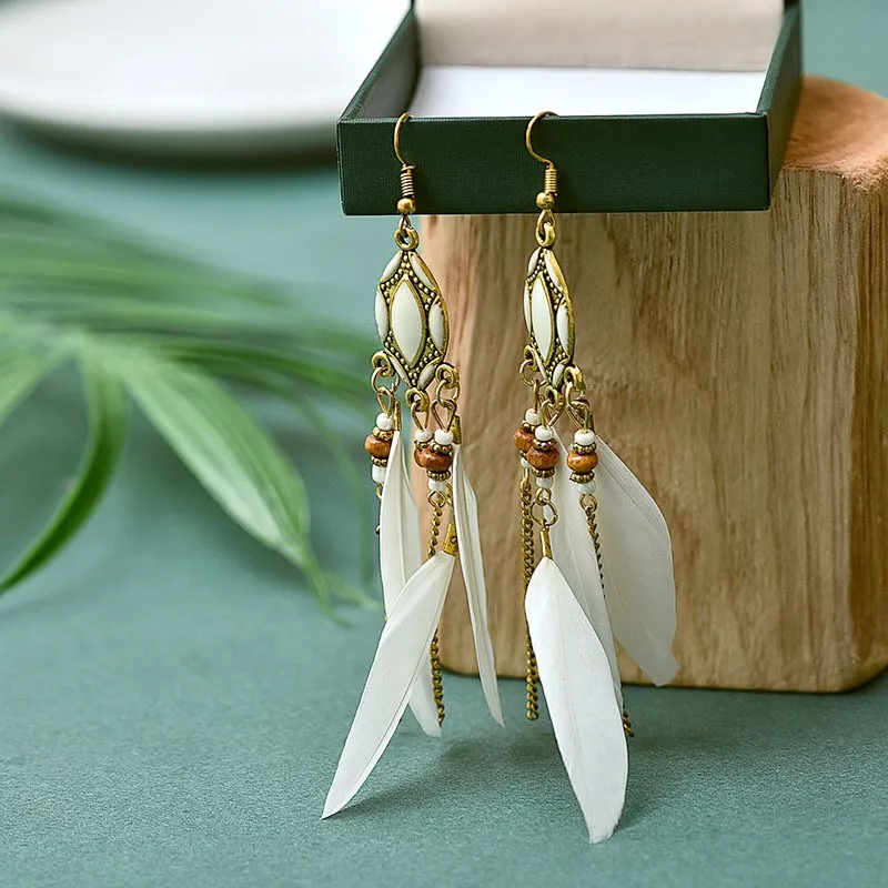 Bohemian Ethnic Style Long Feather Earrings Hoop Earrings Gold Gift Paper with Tassel Chain Fashion Carton Women's BOHEMIA