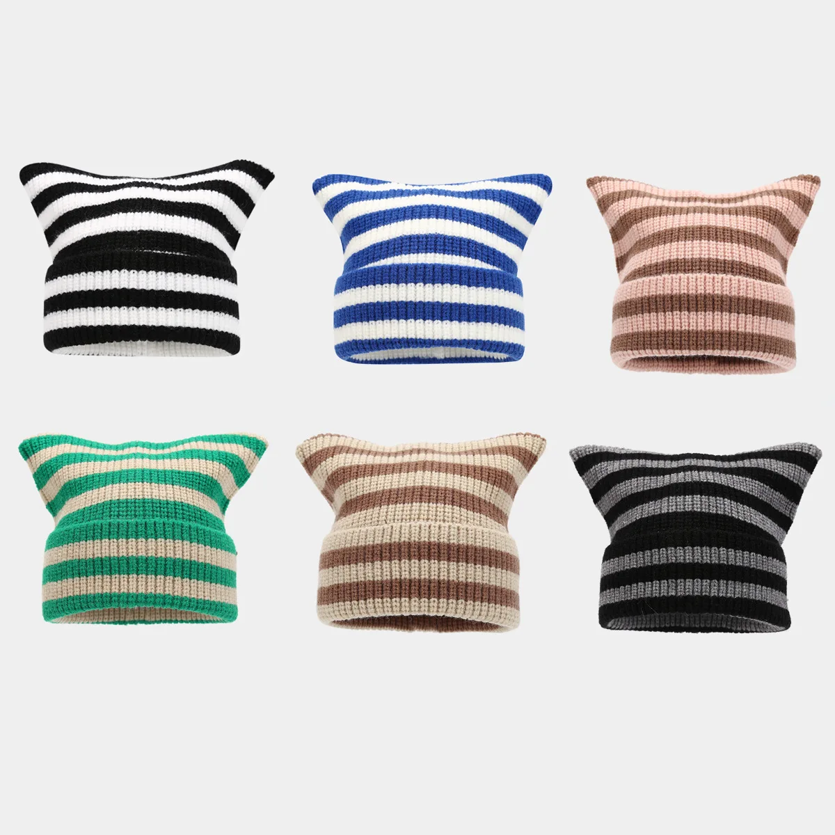 Шикарная стильная женская зимняя полосатая шапка с кошачьими ушками вязаная модная холодная