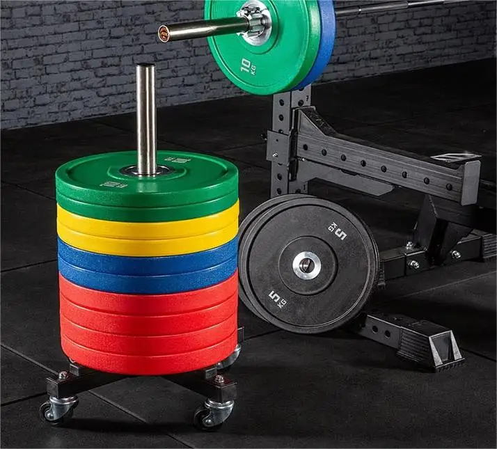 Wholesale 10 Pieces Barbell Plate Storage rack Gym Vertical Weight Plate Rack Trolley Holder Bumper Plate Storage with wheels