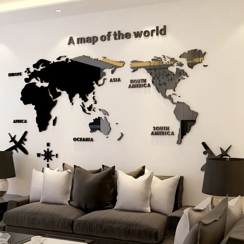Custom Digital Printing Decal Acrylic Waterproof Large Removable 3D Wall Sticker Map For Home Office Decoration