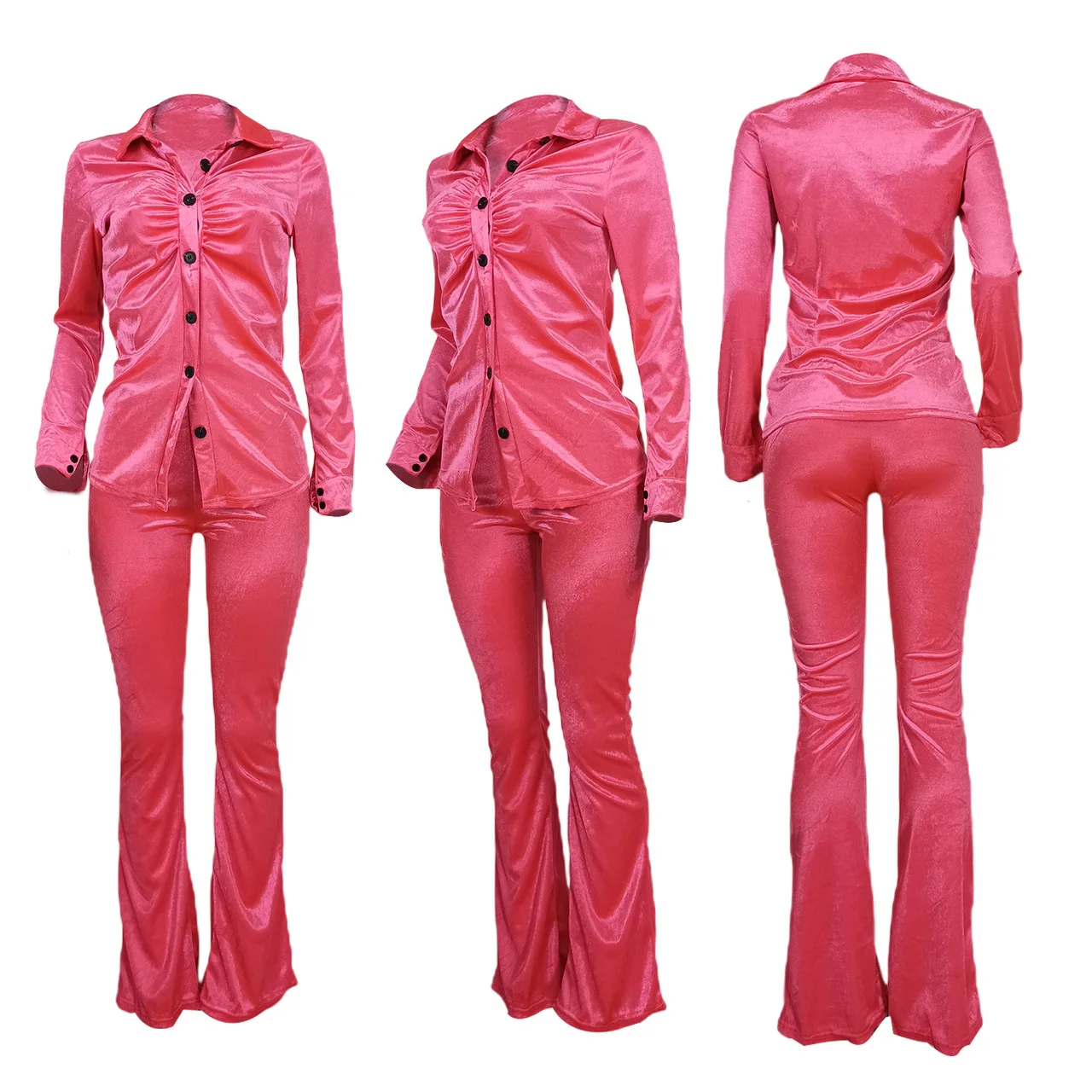 2023 Fashionable Velvet Autumn 2 Piece Button Up Pleated Shirt Long Flare Pants Women Velour Two Piece Set