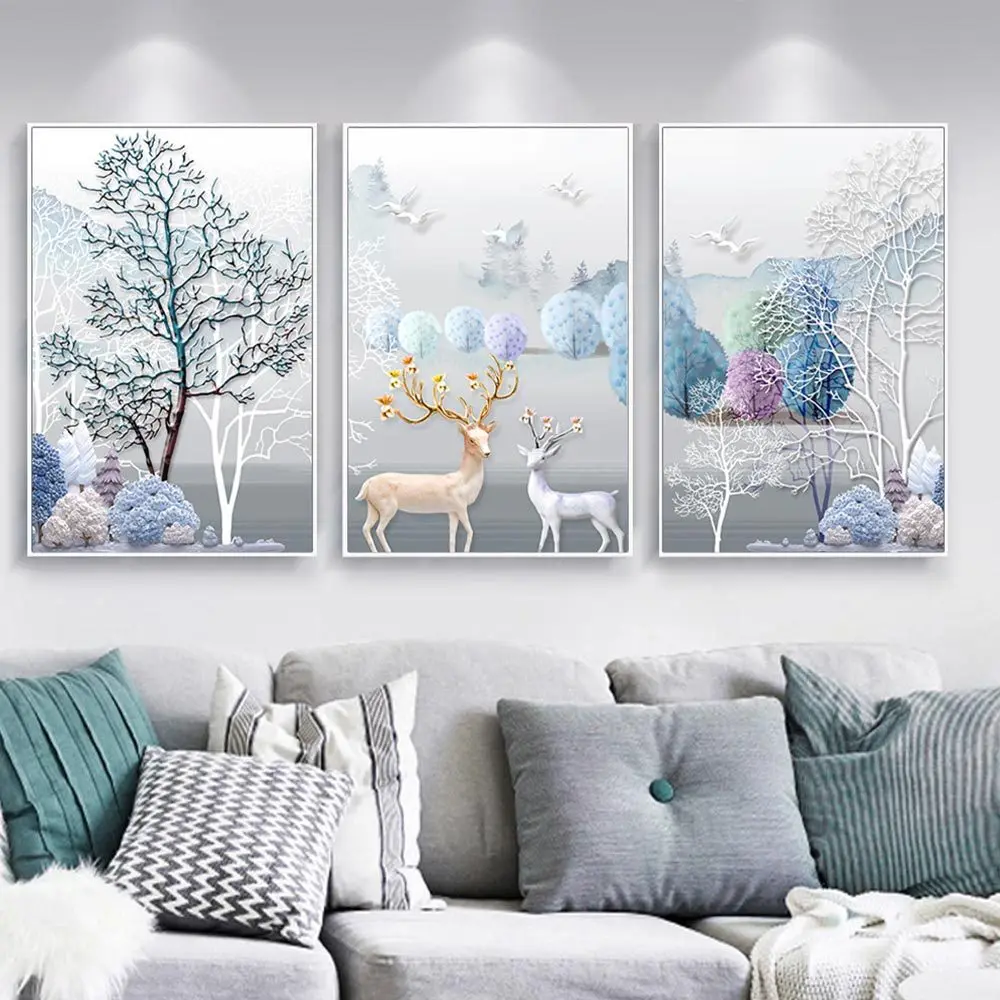 Modern Relief 3D Abstract Fortune Tree Deer Decorative Wall Art Canvas Printed Painting For Living Room