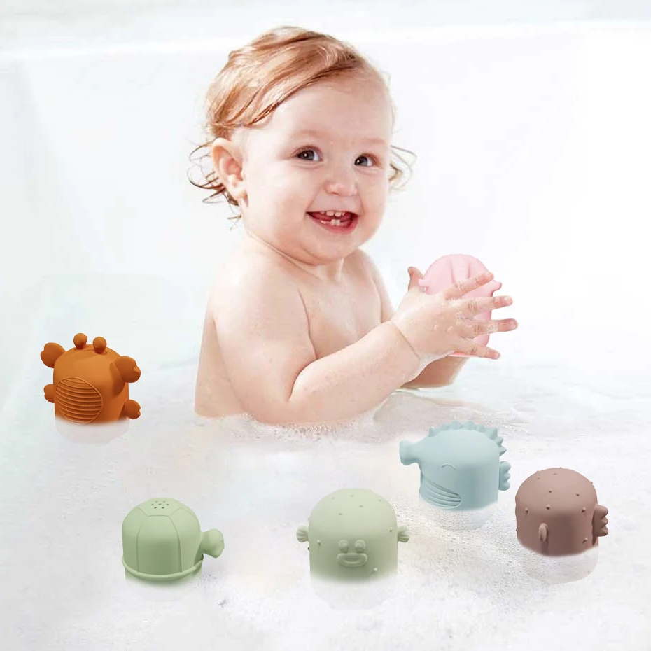 New Arrival BPA Free Food Grade Silicone Marine Animal Crab Sea Horse Shape Baby Bathing Shower Bubble Suction Silicone Bath Toy