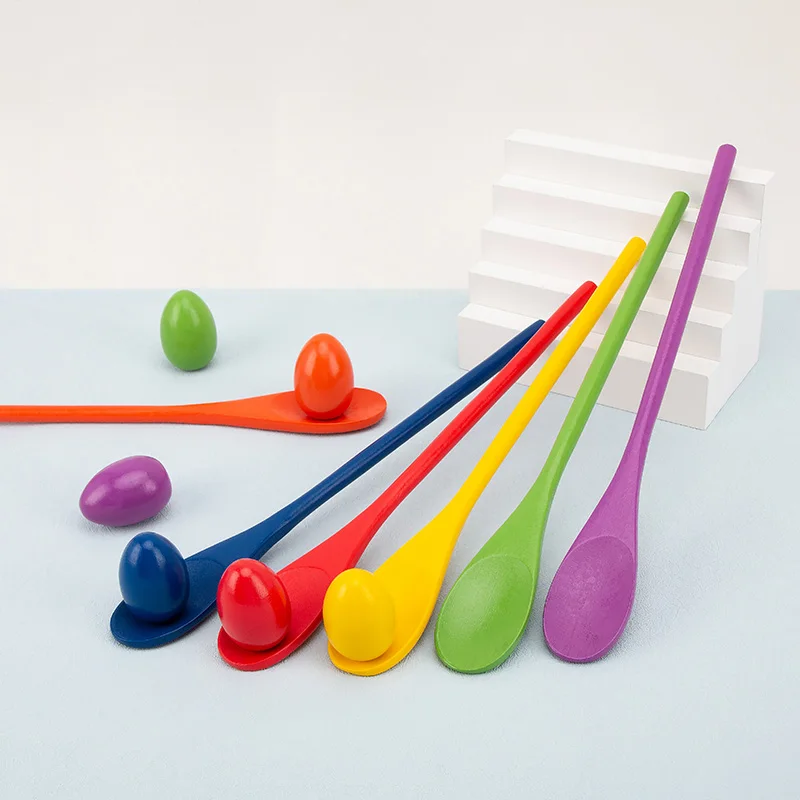 Services Kindergarten Interactive Education Craft Kids Colorful Wooden Sensory Balance Stick Spoon Egg Sensory Training Game Toy