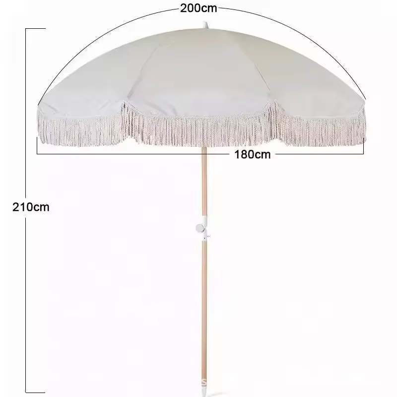 Glamping commercial modern outdoor beach umbrella parasol garden wooden cotton beach umbrella with tassels