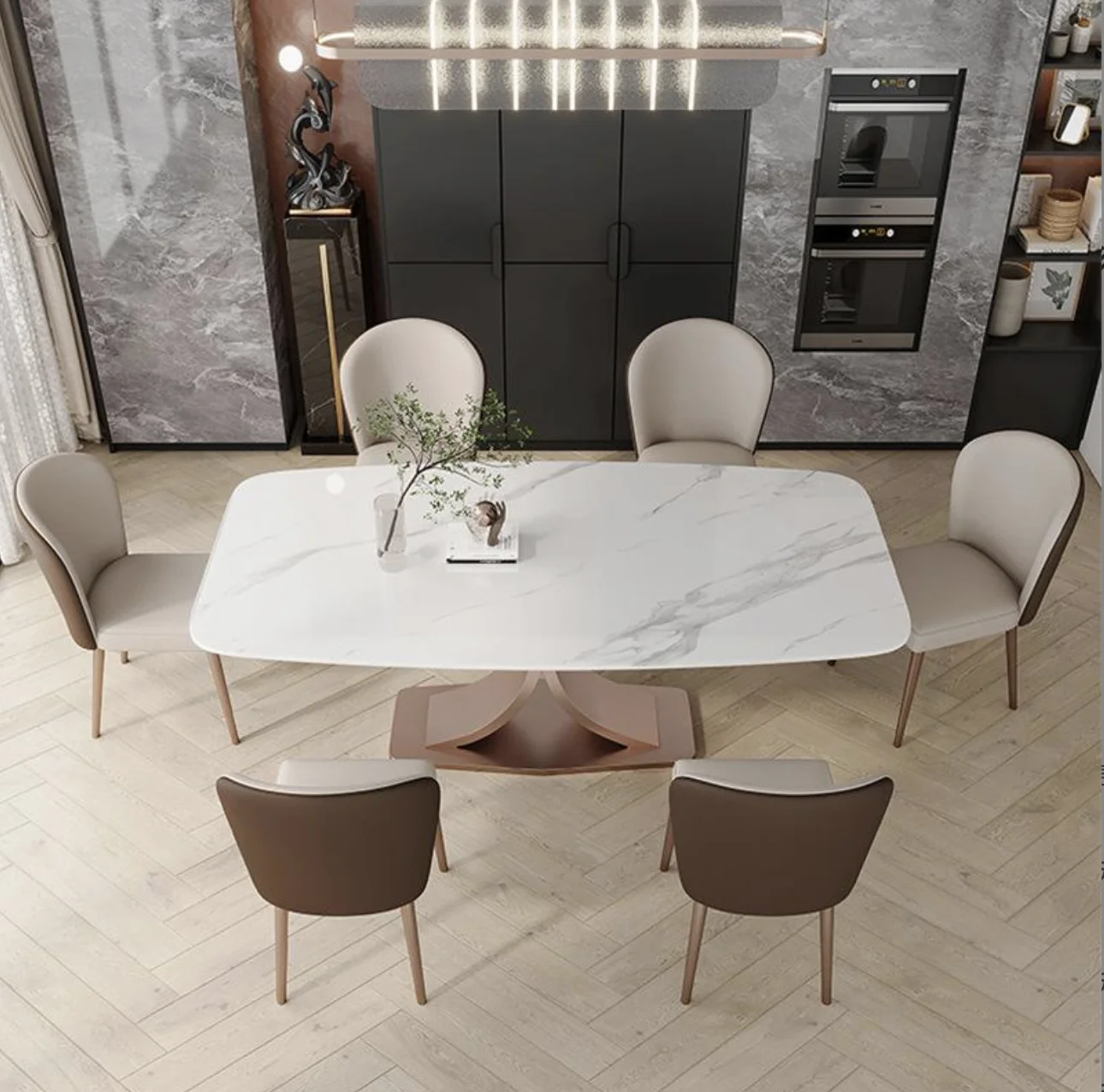 Luxury Modern 6-Seater Dining Table Set with 6 Chairs Sinered Stone 3D Model Design Full Dining Table with Big Slab Stone