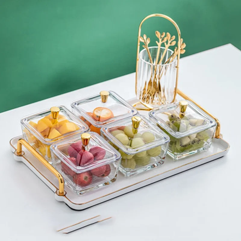 Exquisite Glass Square Container Jar with Lid and Fork Container Separate Tray for Serving Food, Snacks, Fruit