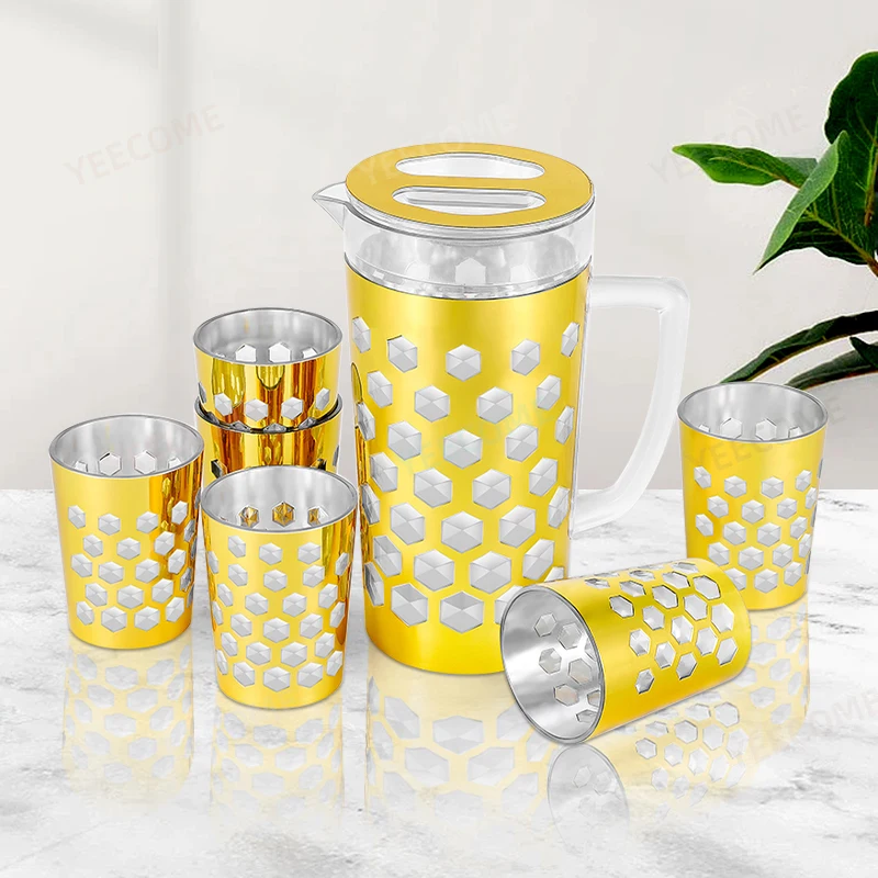 Custom Logo Food Frade Water Jug  7 Piece PS BPA FREE Tea Pot Golden Printing Water Pitcher