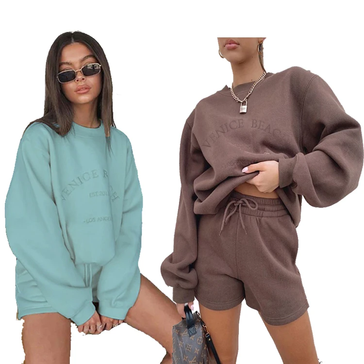 DUODUOCOLOR 2 piece set women winter loose embroidered long sleeve streetwear sweatshirt short pants fleece set women D10625