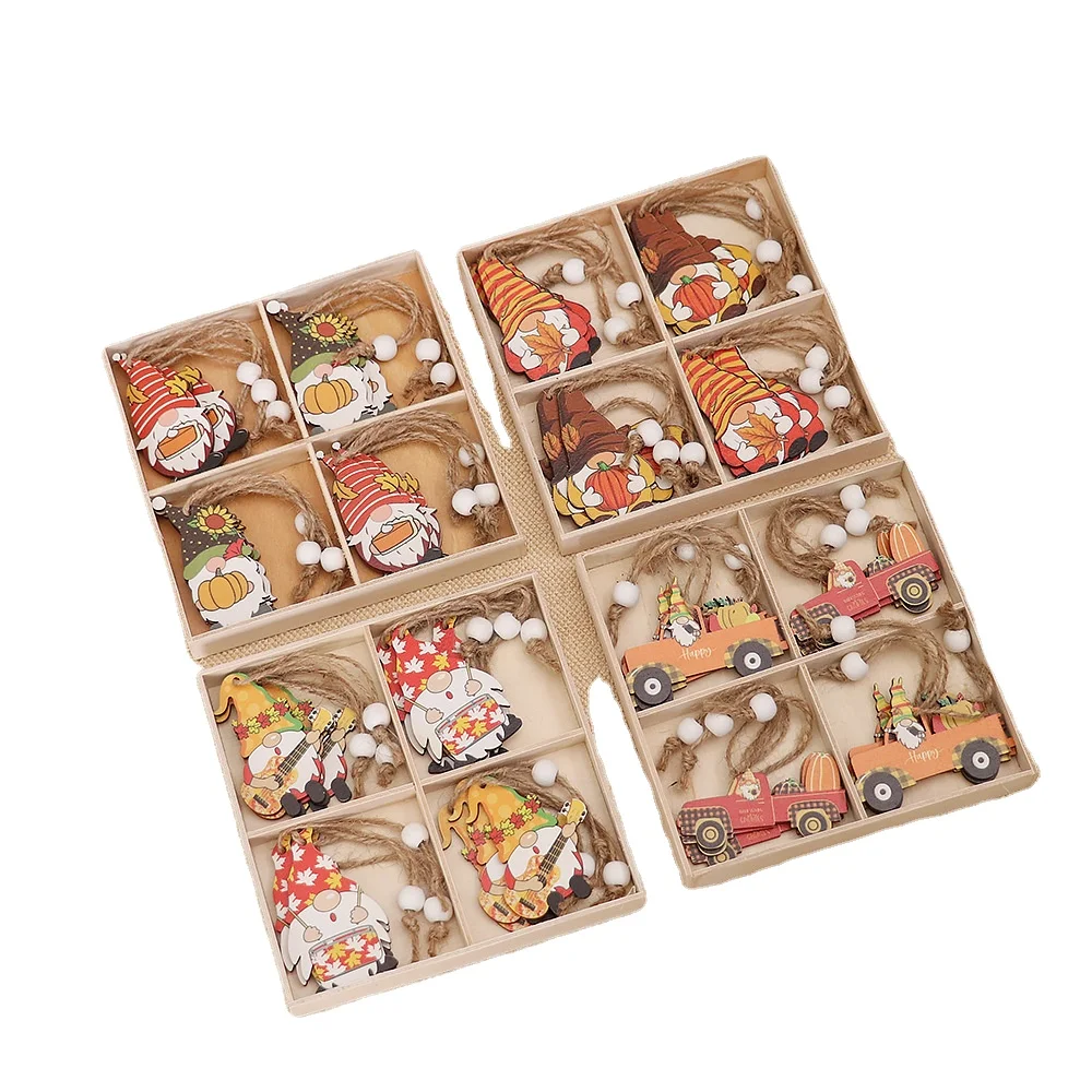 YQ-104 Thanksgiving Gnome Wood Ornaments with Pumpkin  Maple Leaves pattern Hanging Ornaments