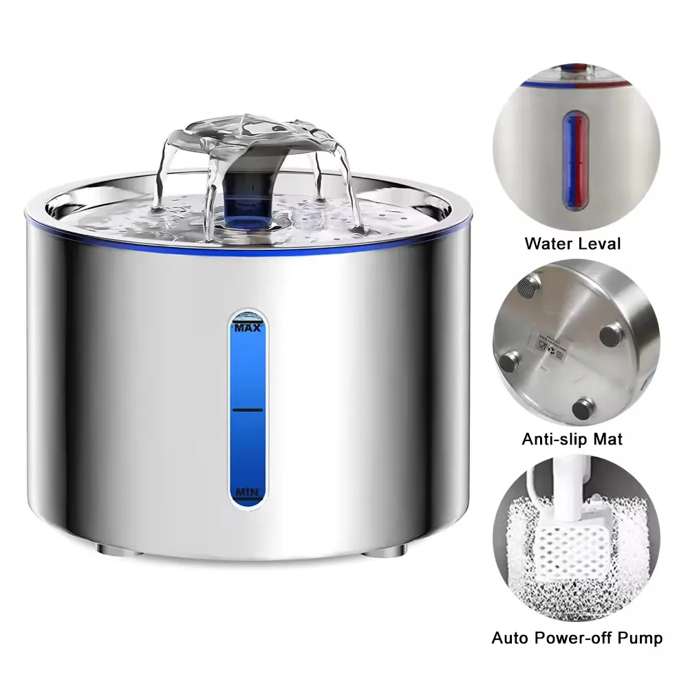 New Design Stainless Steel Pet Auto Power-off Fountain LED Light Non-slip Mat Dog Water Dispenser Automatic Cat Water Fountain