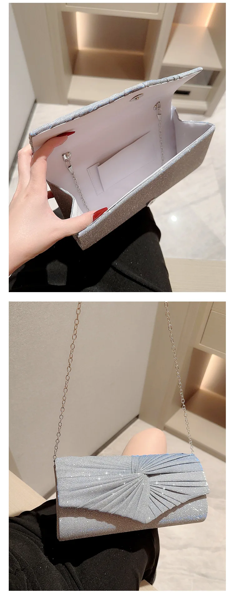 Grey Twinkling Women Party Clutch Bag Purses with Chain Dinner Dress Handbag Evening Wedding Wrinkle Clutch Handbags for Women