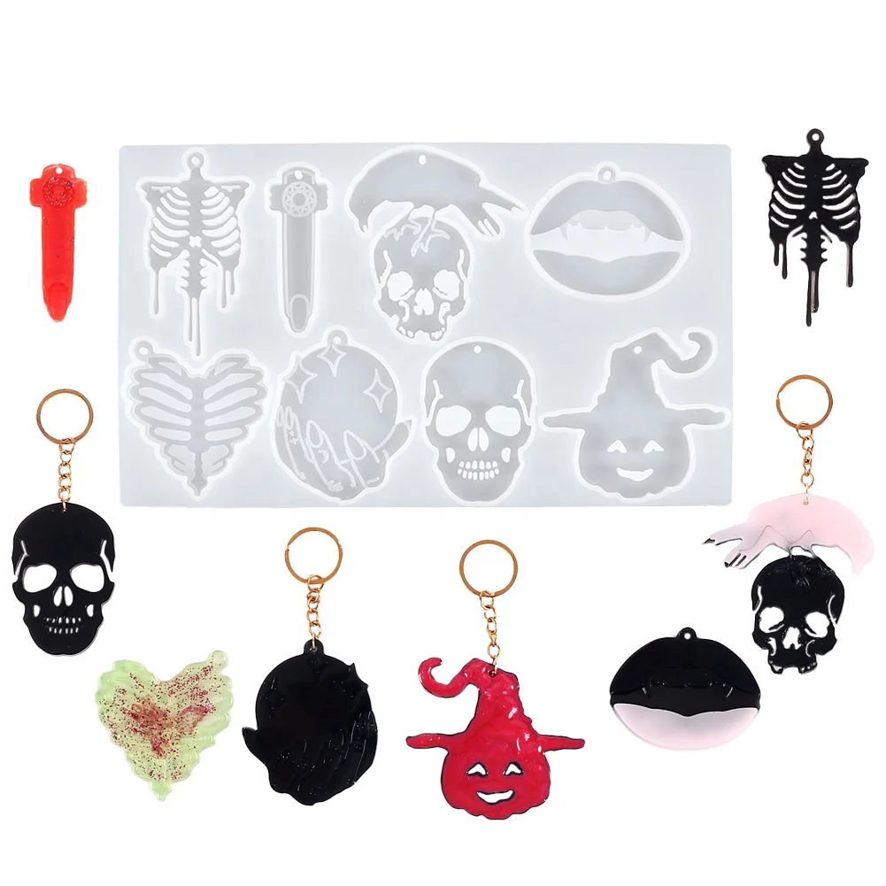 Halloween Keychain Silicone Epoxy Resin Mold Skull Ghost Finger Pendant Necklace Jewelry Craft Casting Tools