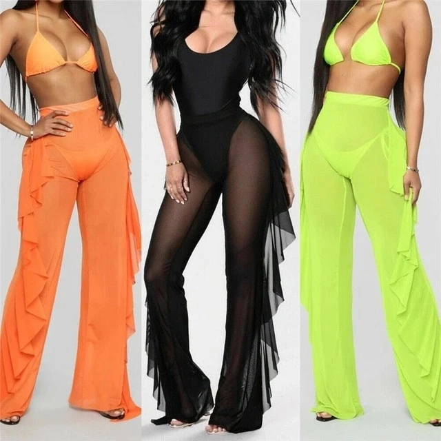 High quality sexy women mesh bell-bottom colorful swimwear beach long pants