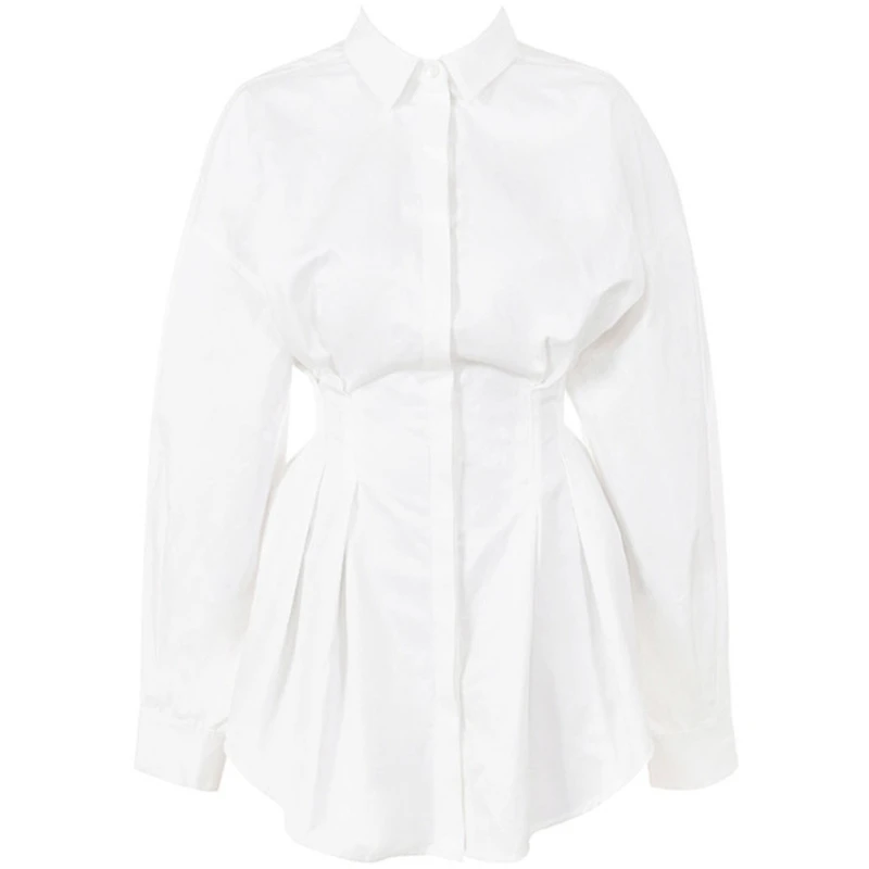 
New Fashion Women Office Shirt Midi Dress Club Party Lantern Long Sleeve White Shirt Dress 