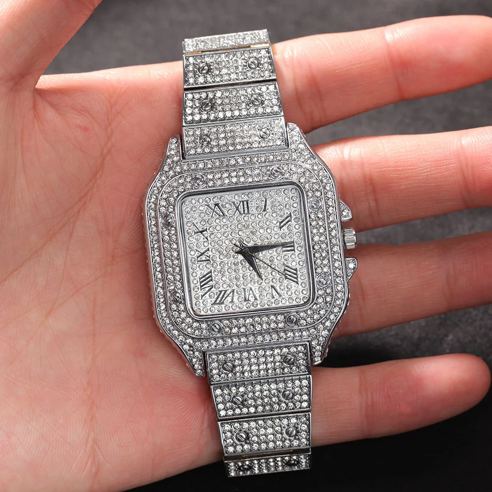 Wholesale Hip Hop Deluxe Men Wrist Quartz Watch Shinning Diamond Bling Bling Full Gemstone Iced Out Gold Plated Women Watches