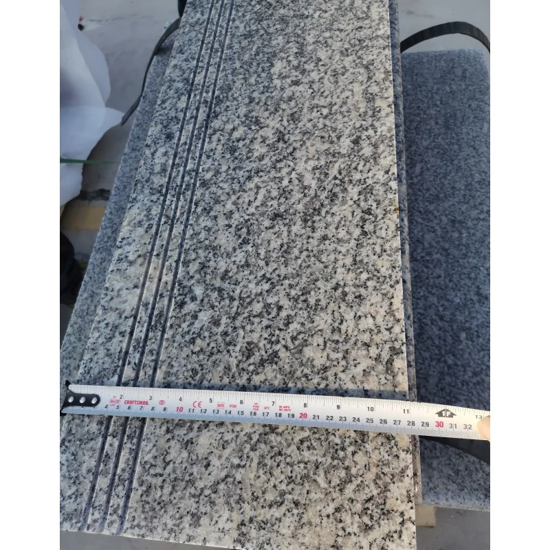 China natural grey granite G602 stair steps 112X28X2 cm with Polished surface,one long side bullnose,3 anti-slip grooves