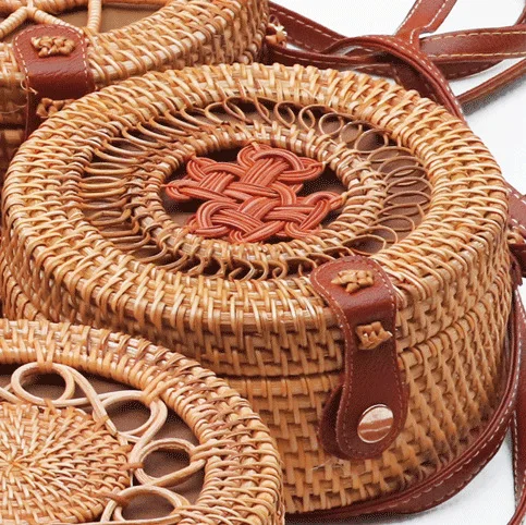 Handicraft Vietnam Rattan Straw Bag Bali Woven Rattan Shoulder Beach Bag Natural