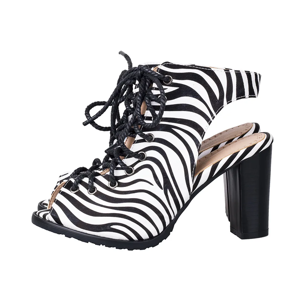 Women Zebra PU Leather Buckle Strap Girls Shoes Open Toe Chunky High Heels Lace Up Slingback Sandals
