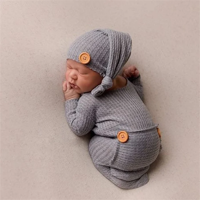 S8607 Photography Props Newborn Jumpsuit Photo Shoot Bodysuit Outfits Infant Soft Knit Clothes Baby Romper with Hat