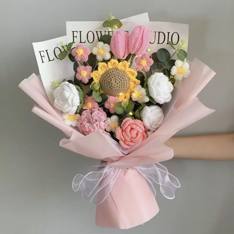 New creative gift products hand knitted large bouquet flowers wool cotton crochet flowers wedding birthday gifts