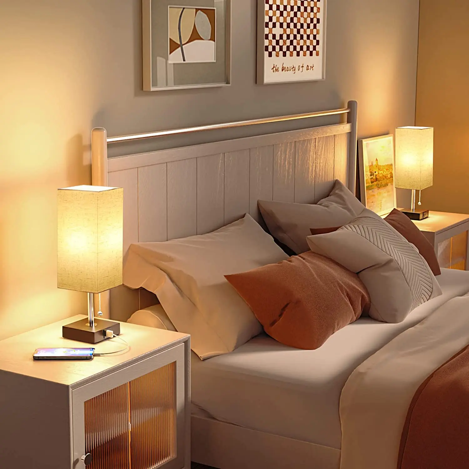 pull chain switch fabric shade  bedroom table lamp  Small Night Stand Light Lamp with USB charging port