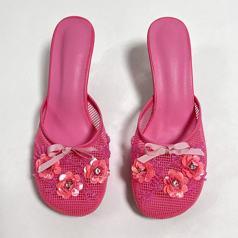 Factory wholesale custom embroidery high heel slides sandals for women