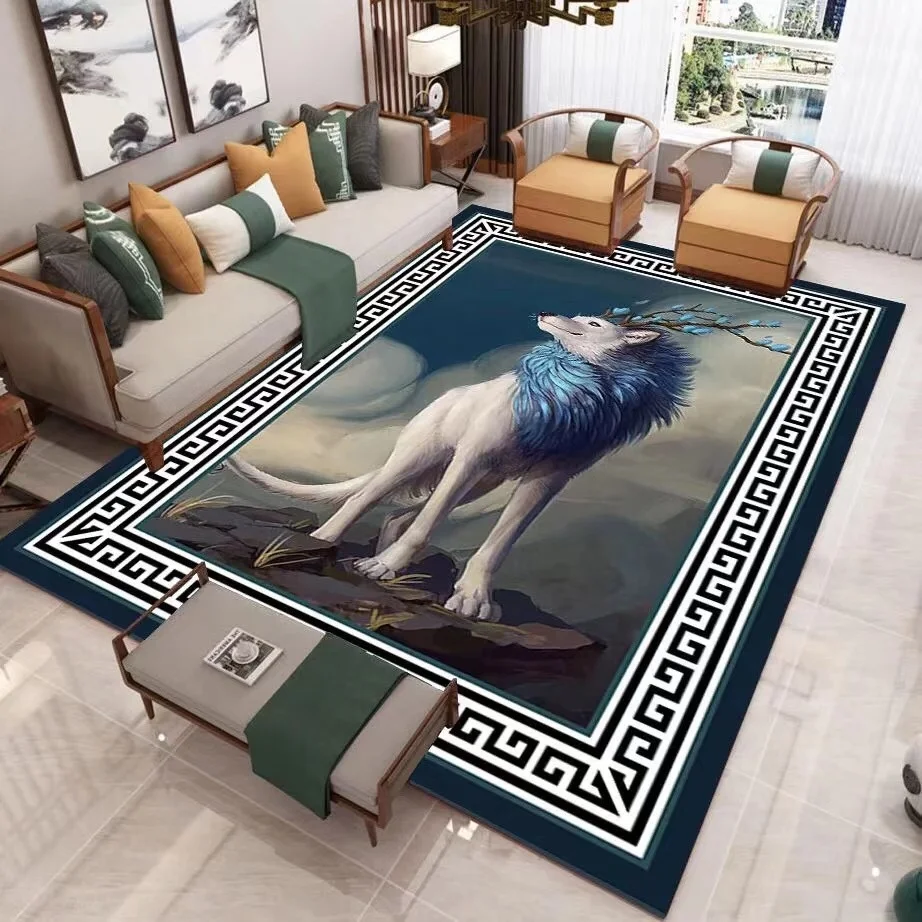 Chinese style lion design printed bedroom bedside carpet with diamond velvet