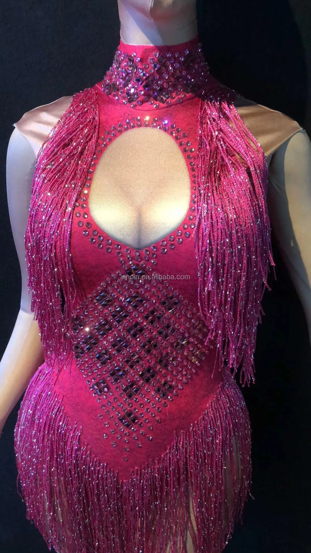 
New Women Glisten Rhinestone Sexy Bodysuit Silver Long Tassel Costume Birthday Celebrate Dance Wear Luxurious Leotard Blue 