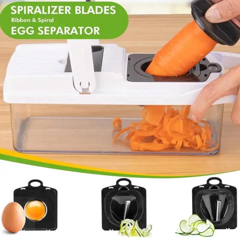 Vegetable Chopper - Cheese Grater, 13-in-1 Mandoline Slicer Chopper Vegetable Cutter, Anti-Slip Container, Chop-Cut-Spiralizer