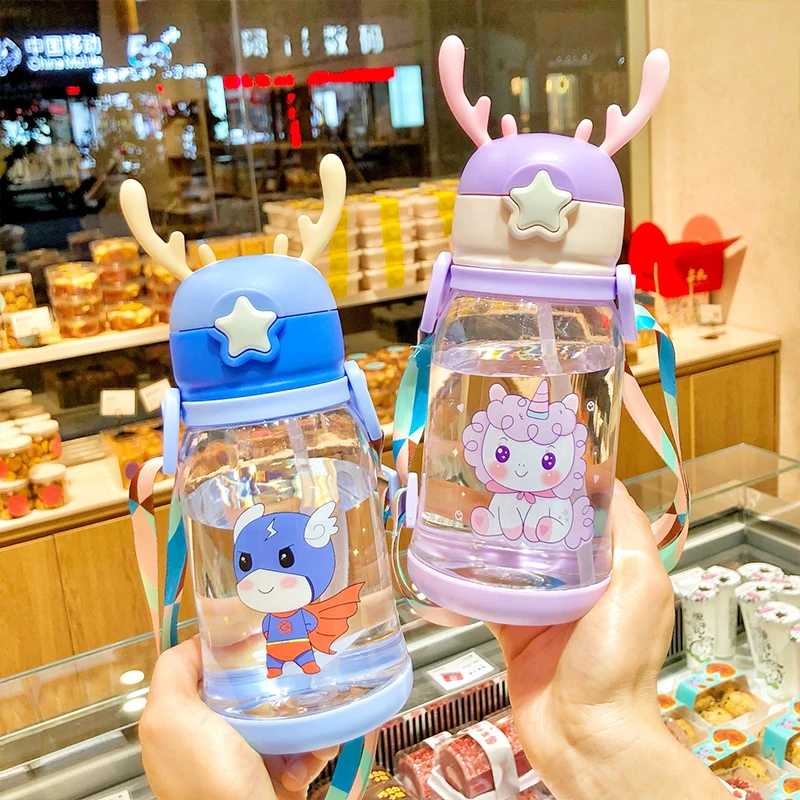 Factory Direct Leak Proof 600ml Deer shaped Cute Cartoon Plastic Water Bottle For Kids School Kids Strap Cup