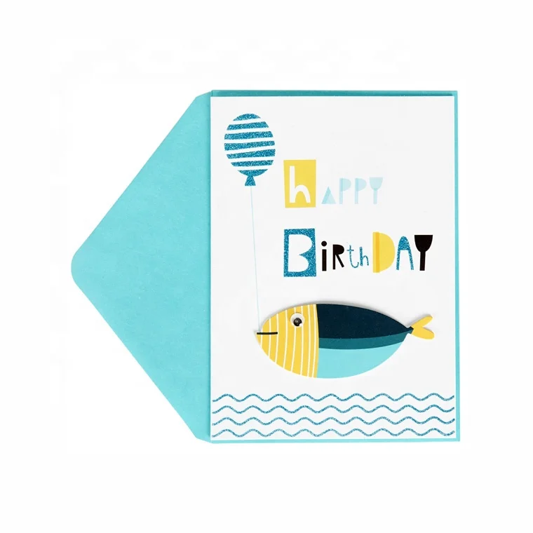 
New Design 3D Custom Handmade Shiny Glitter Cards, Lovely Fish Birthday Greeting Cards for Kids 