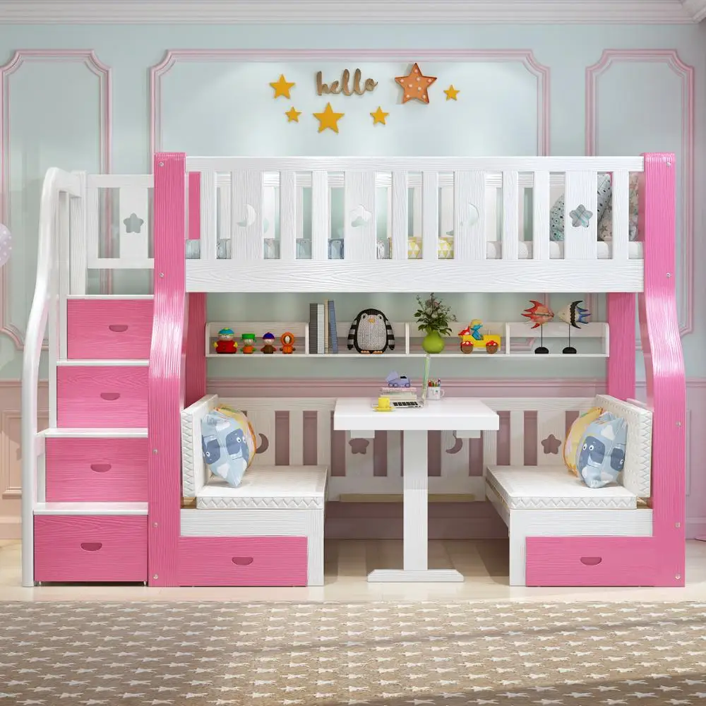 
Multifunction Solid Wood Bed Room Sets Children Twin Girl Pink Princess Bunk Bed 