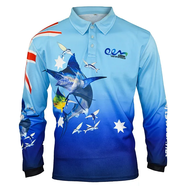 Custom sublimation degin logo quick dry long sleeve upf 50 sustainable fish pattern recycled polo fishing tshirts