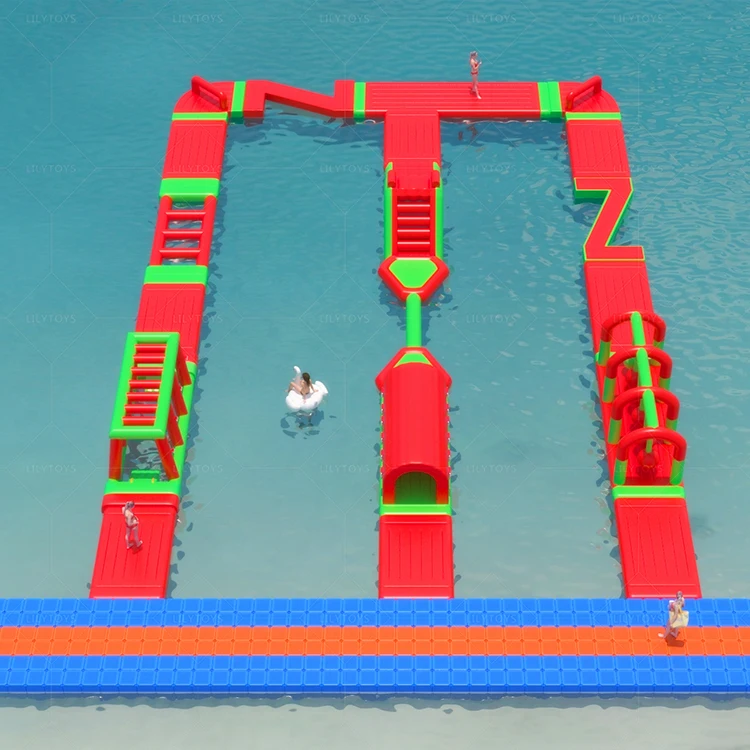 Inflatable Water Obstacle Course for Kids and Adults Featuring Floating Water Trampolines and Sport Games