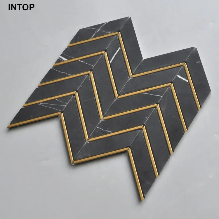 new design chevron herringbone white thassos marble and gold metal stone mosaic tile Nero marquina stone mosaic wall tiles